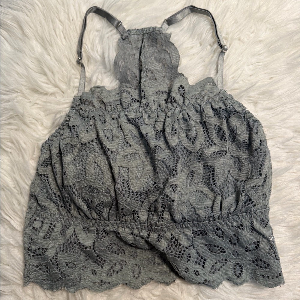 Gray Floral Lace Longline Bralette Crop Top Mint Lined Padded